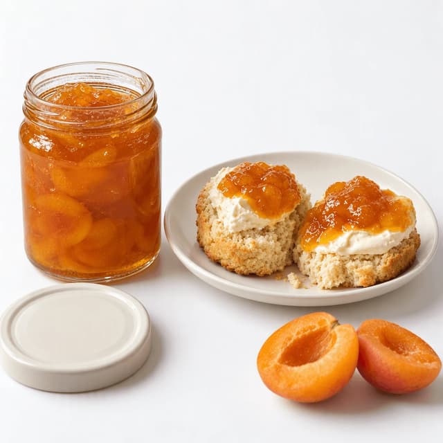 Unlabelled jar of apricot preserve beside a plated split scone with clotted cream and preserve on a pale studio sweep