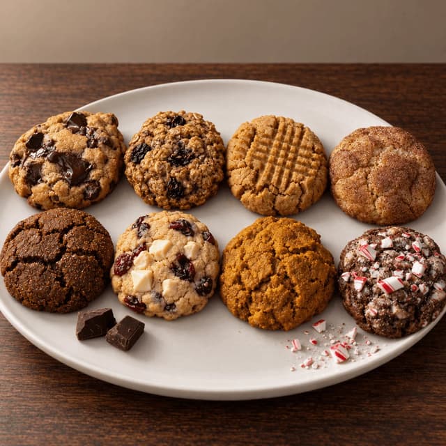 Two rows of four bakery cookies on dark walnut, four year-round flavours behind four seasonal flavours