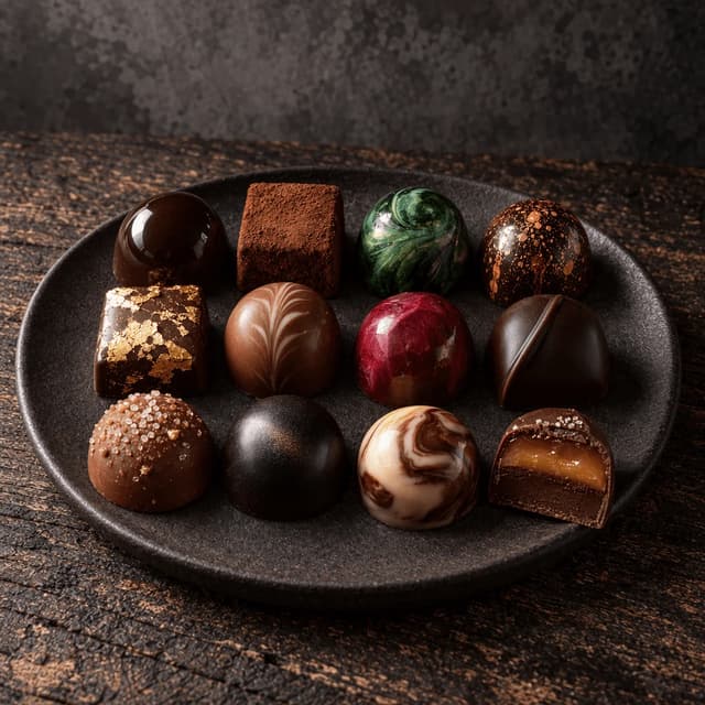 Close grid of twelve hand-finished chocolate bonbons with glossy, dusted and airbrushed shells on dark timber