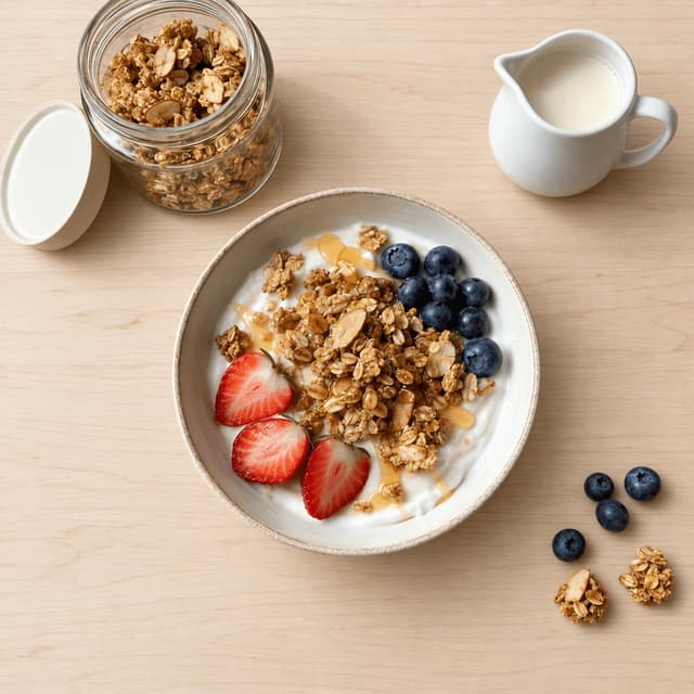 Overhead breakfast scene with a bowl of yogurt and granola, an open granola jar, a milk jug and fresh berries on pale wood