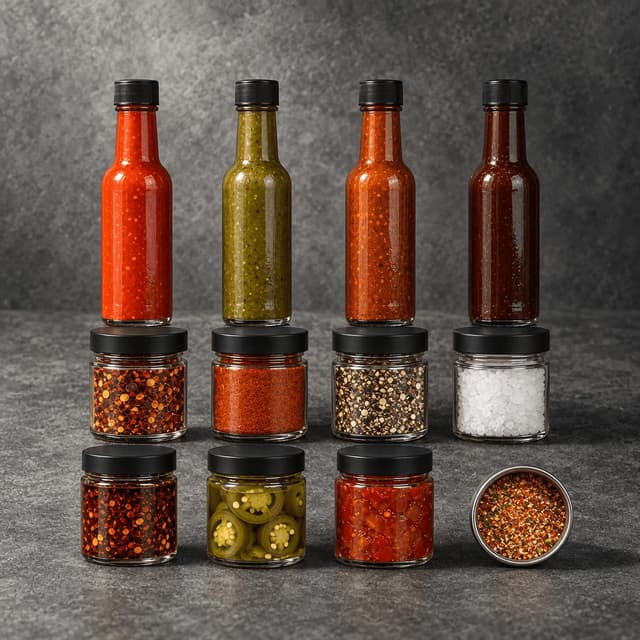 Overhead four-by-three grid of twelve unlabelled sauce bottles, spice jars and tins on grey concrete
