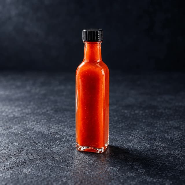 Tall unlabelled glass bottle of red hot sauce with three fresh chillies on dark honed slate