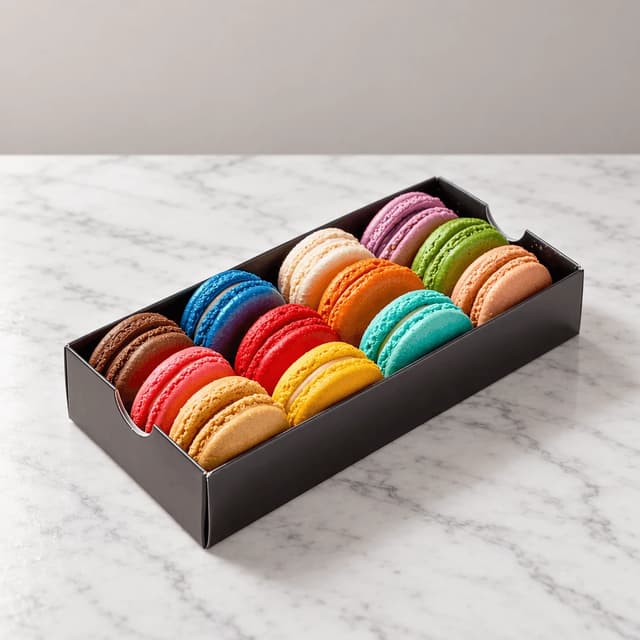Open white gift box of twelve pastel macarons in four colours on white marble with the lid resting beside it