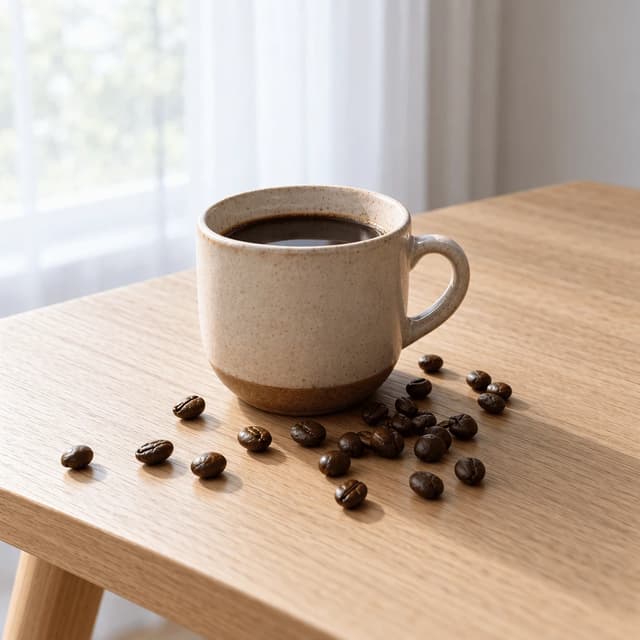 Speckled stoneware mug of black coffee beside a scatter of roasted whole beans in soft window light