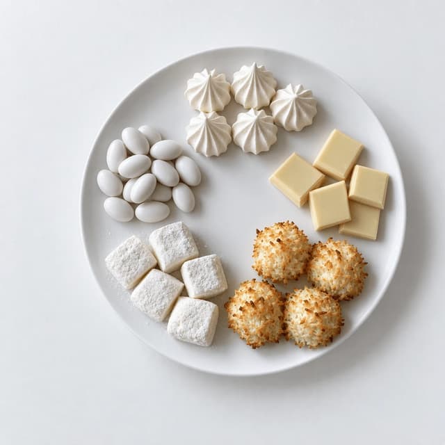 Overhead of pale confections on a white platter over pure white: meringue kisses, white chocolate, coconut macaroons, marshmallows and sugared almonds