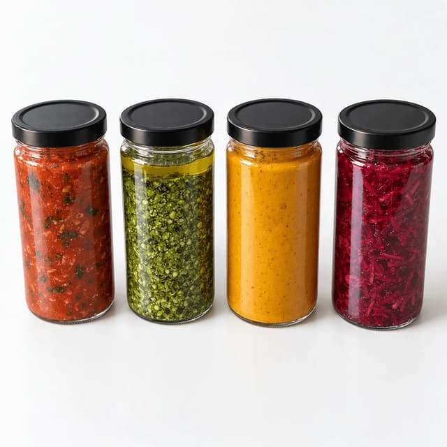 Row of four unlabelled glass sauce jars with black lids on pure white: tomato sauce, basil pesto, golden curry sauce and beetroot relish