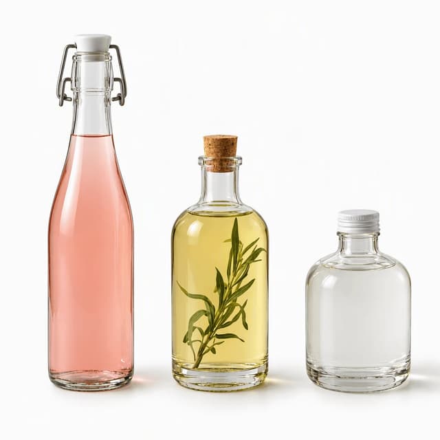 Three unlabelled clear glass bottles on pure white holding pale pink rhubarb cordial, straw-gold tarragon vinegar and near-clear coconut water