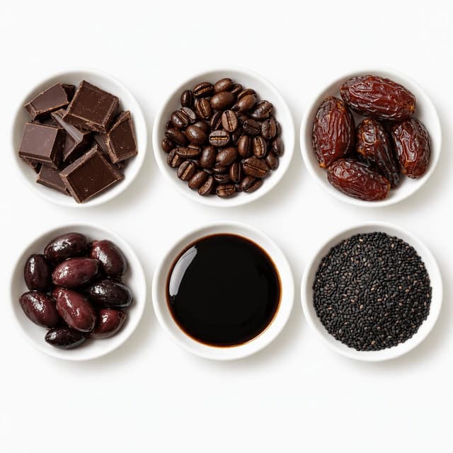 Overhead grid of six small white dishes on pure white holding dark chocolate, coffee beans, Medjool dates, black olives, molasses and black sesame