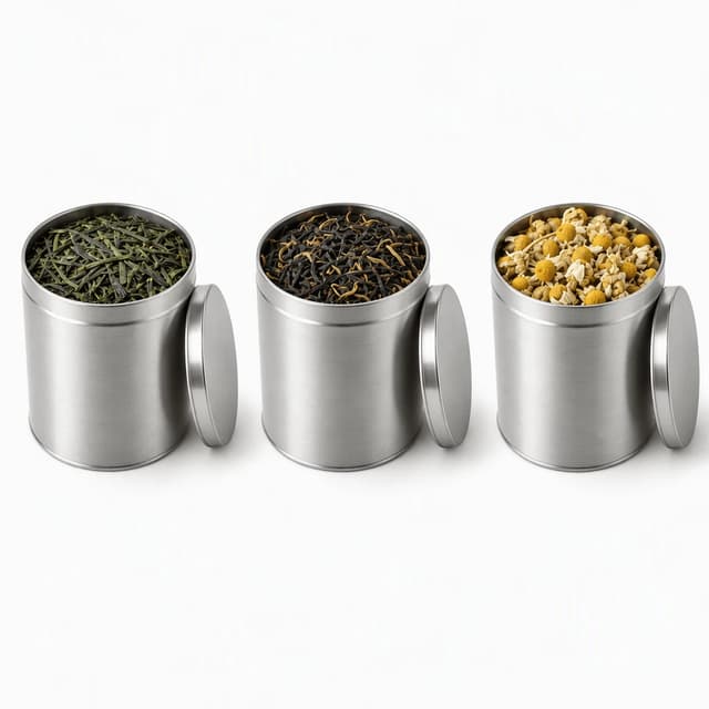 Three plain round silver tins of loose-leaf green tea, black tea and chamomile on pure white, each grounded by the same soft contact shadow