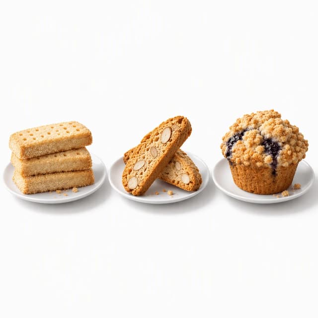 Three crumbly bakes on small white plates over pure white: stacked shortbread fingers, two almond biscotti and a crumb-topped blueberry muffin