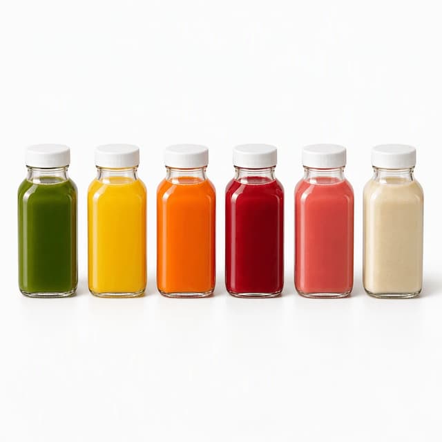 Row of six identical unlabelled bottles of cold-pressed juice on pure white in green, yellow, orange, ruby, pink and cream, with matching shadows