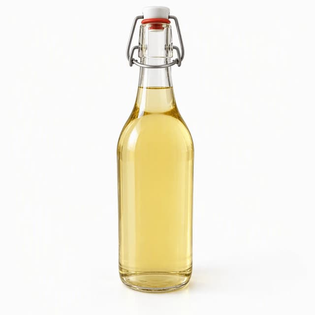 Tall clear swing-top glass bottle of pale golden elderflower and lemon cordial with defined edges against a seamless pure white background