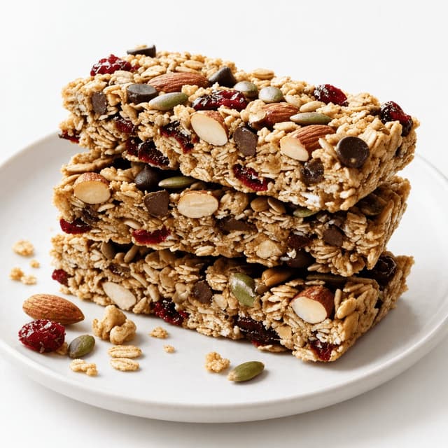 Neat stack of three oat and honey granola bars with almonds, pumpkin seeds and cranberries on a seamless white background with a few crumbs