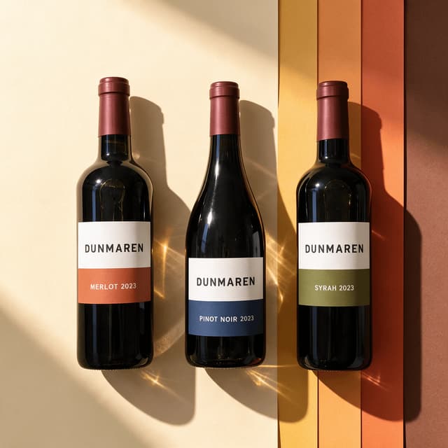 Three labeled red wine bottles on warm color swatches — new-vintage release photography