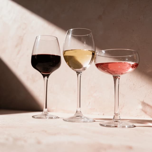 Glasses of red, white and rosé wine in window sunlight — wine pour photography