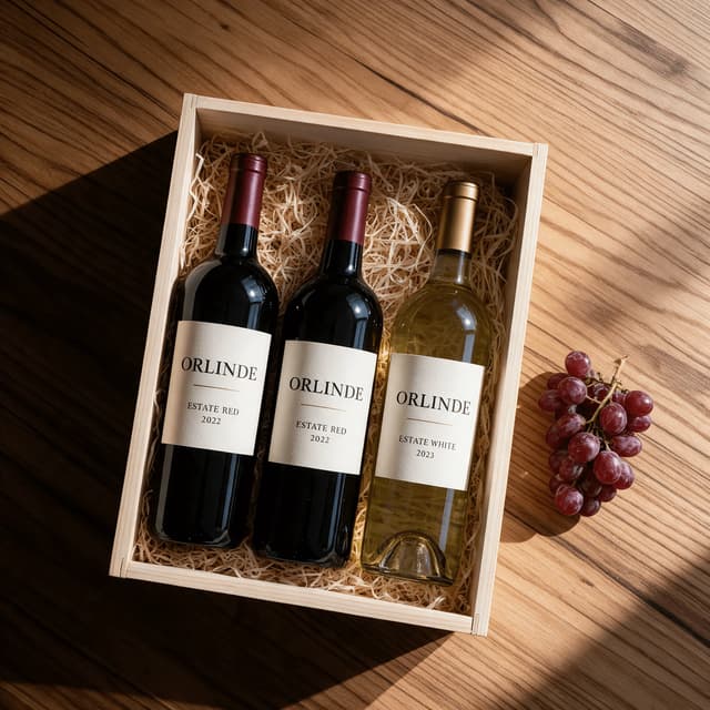 Three labeled wine bottles in a pine crate with grapes — wine club photography