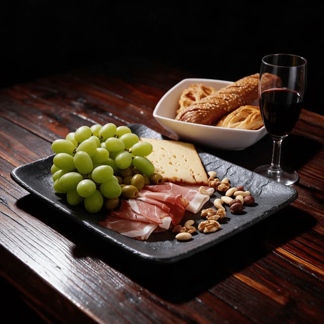 Cheese and prosciutto platter with grapes and a glass of red — wine pairing photography