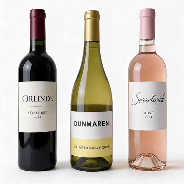 Labeled red, white and rosé bottles on seamless white — wine e-commerce photography