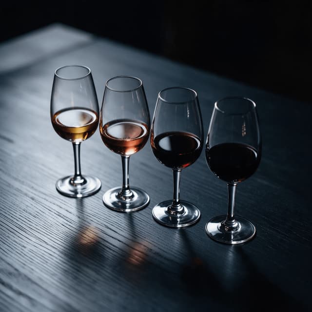 Four-glass wine flight from gold to deep red on dark wood — tasting room photography