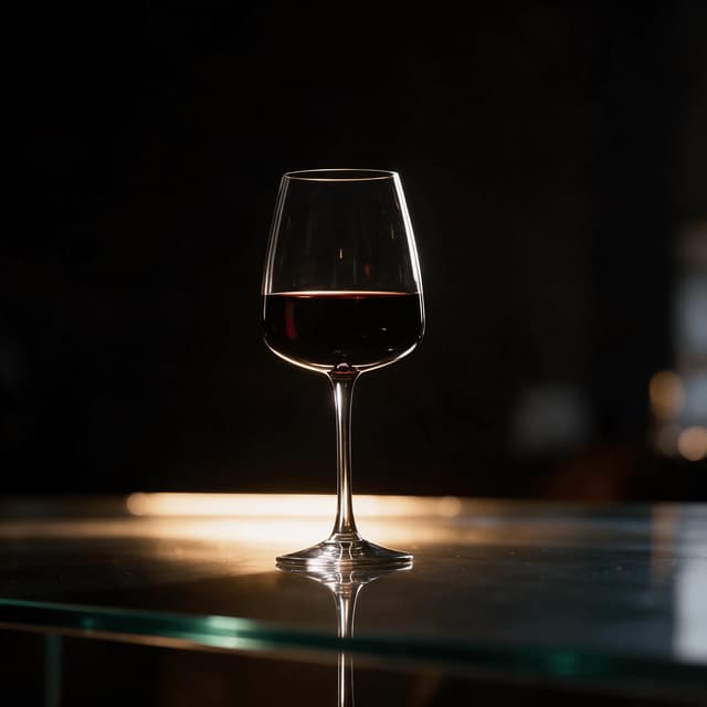 Bordeaux glass of ruby red wine on a mirror-black counter — wine pour photography