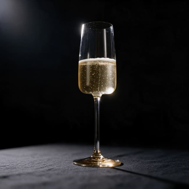 Flute of pale-gold sparkling wine with rising bubbles on dark linen — sparkling wine photography