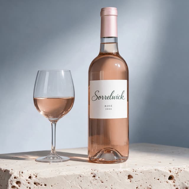 Labeled rosé wine bottle and glass on a travertine block — rosé release photography