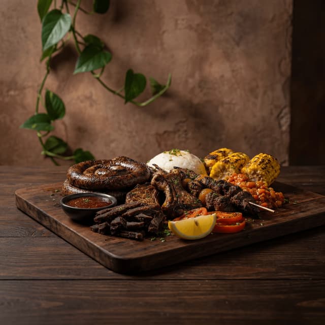Southern African braai boerewors chakalaka pap grilled meat dramatic rustic — braai card photography