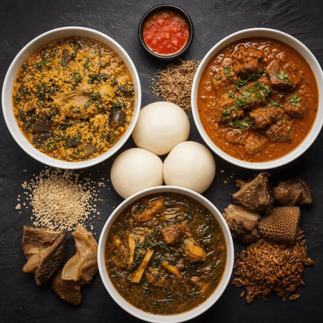 African soups egusi peanut ogbono stews fufu bowls overhead dark slate — african soup card photography