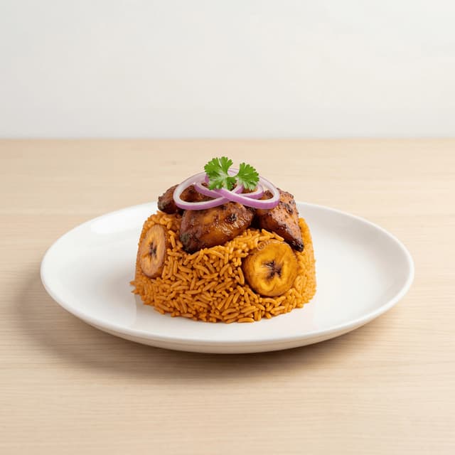 Jollof rice red tomato pepper rice chicken plantain plate West African — jollof hero photography