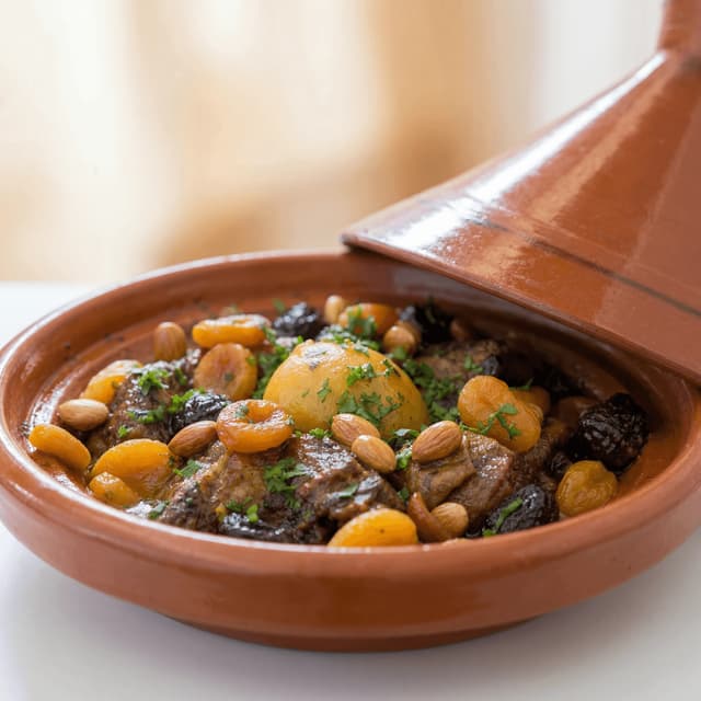 Moroccan tagine conical clay pot lamb apricot olives preserved lemon North African — tagine hero photography