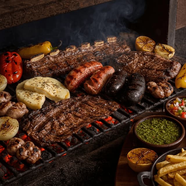 Asado parrilla grill scene multiple cuts chorizo morcilla vacio glowing coals rustic dark — asado card photography