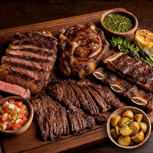Argentine steak cuts bife de chorizo ojo de bife entrana asado de tira dark walnut board — steak cuts card photography