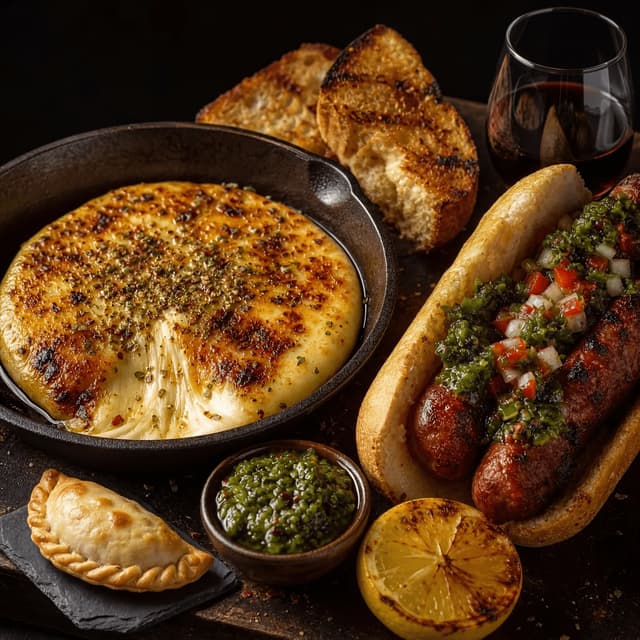 Provoleta grilled provolone choripan chorizo sandwich chimichurri dark monolith — provoleta choripan card photography