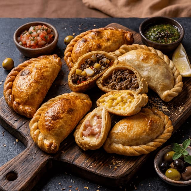Argentine empanadas regional saltena mendocina repulgue crimped cross section overhead slate — empanadas card photography
