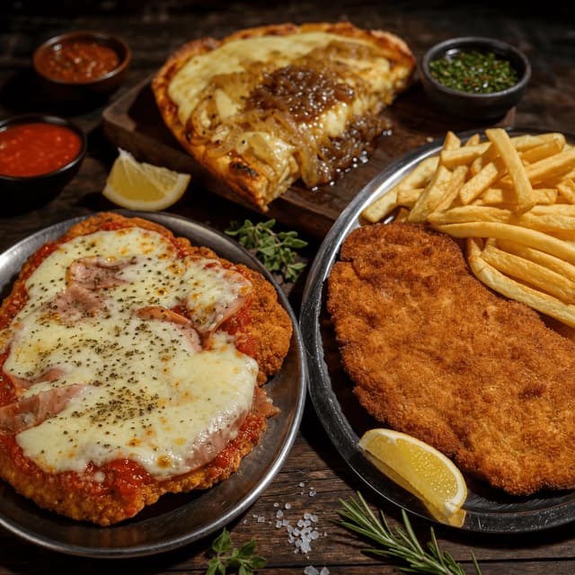 Milanesa napolitana breaded cutlet ham cheese tomato papas fritas cozy warm wood — milanesa card photography