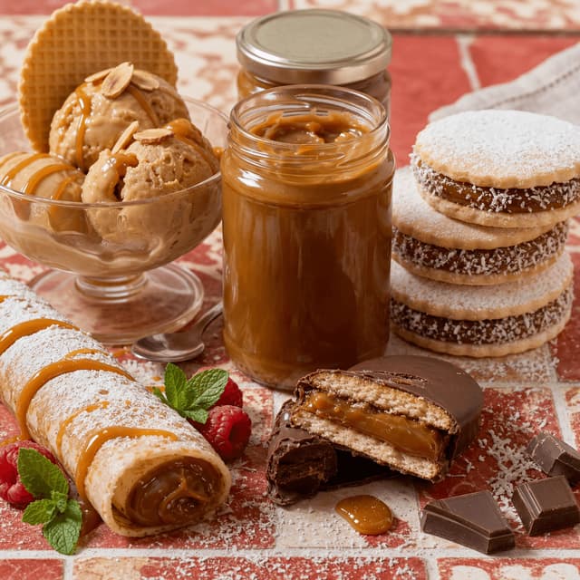 Argentine dulce de leche sweets alfajores panqueques helado caramel red cafe brunch — dulce de leche card photography