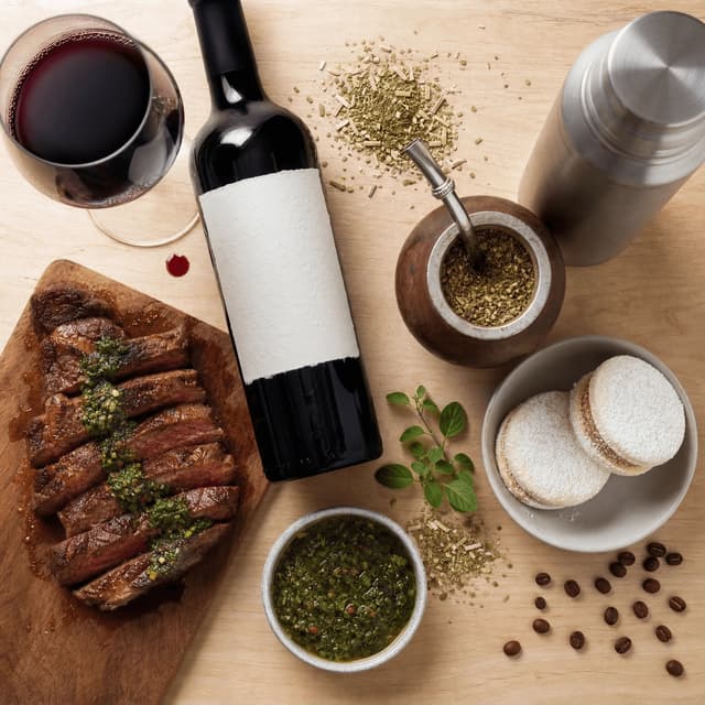 Argentine malbec wine glass mate gourd bombilla yerba steak light wood board overhead — malbec mate card photography