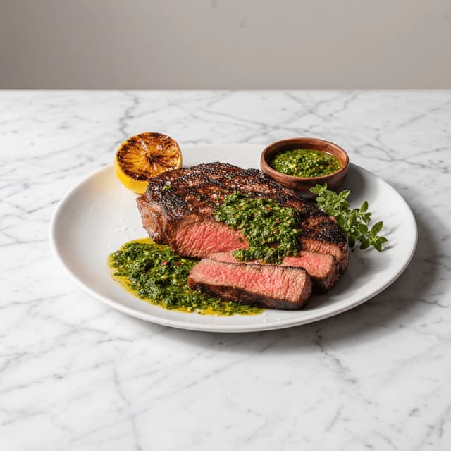 Bife de chorizo argentine sirloin steak char chimichurri grilled board — bife de chorizo hero photography