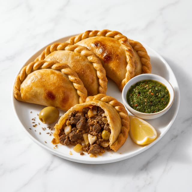 Argentine empanadas baked crimped repulgue edge cross section beef filling plate — empanada hero photography