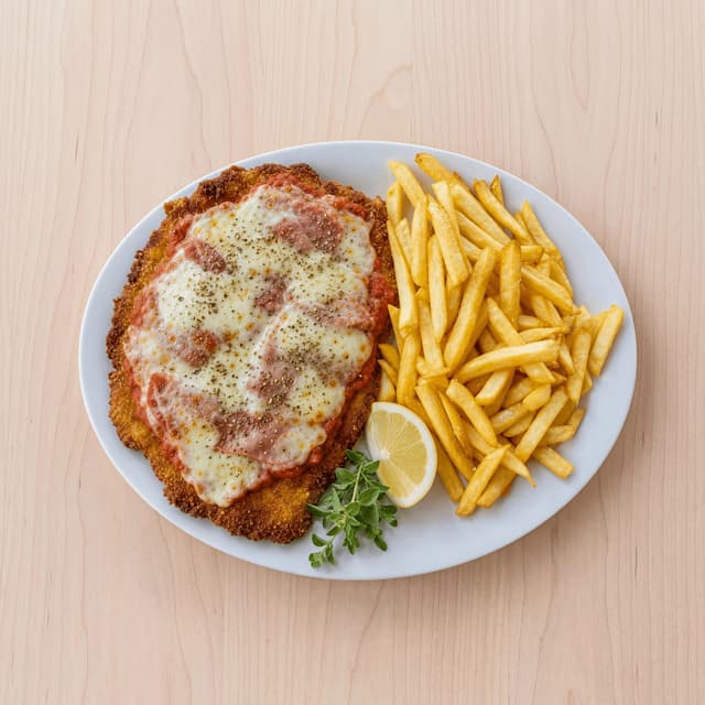 Milanesa napolitana breaded cutlet ham cheese tomato sauce melted overhead plate — milanesa hero photography