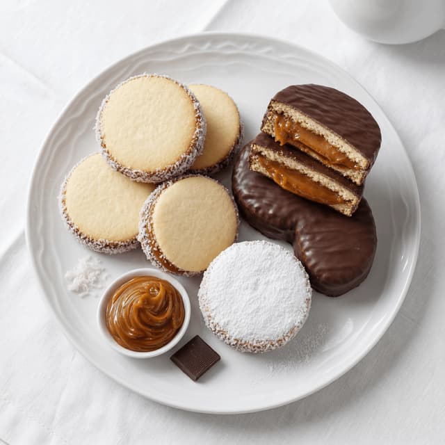 Alfajores argentine dulce de leche cookies powdered sugar coconut chocolate stack plate — alfajor hero photography