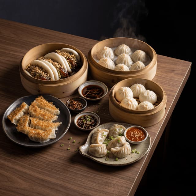 Bao dumplings gua bao baozi soup dumplings gyoza momos dark walnut spread — bao card photography