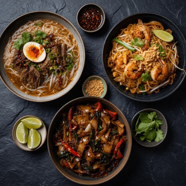Pan-asian noodle bowls fusion ramen pho pad thai drunken noodles overhead slate — noodle card photography