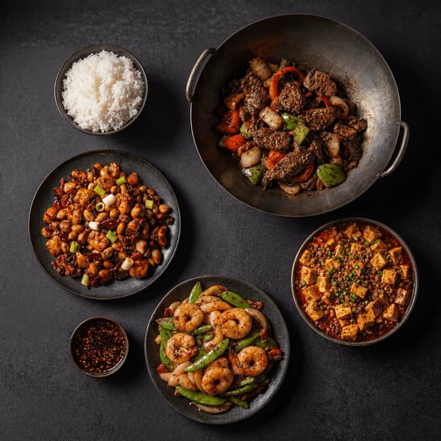 Wok charred stir fry high heat wok hei vegetables protein sauce dark monolith — stir fry card photography