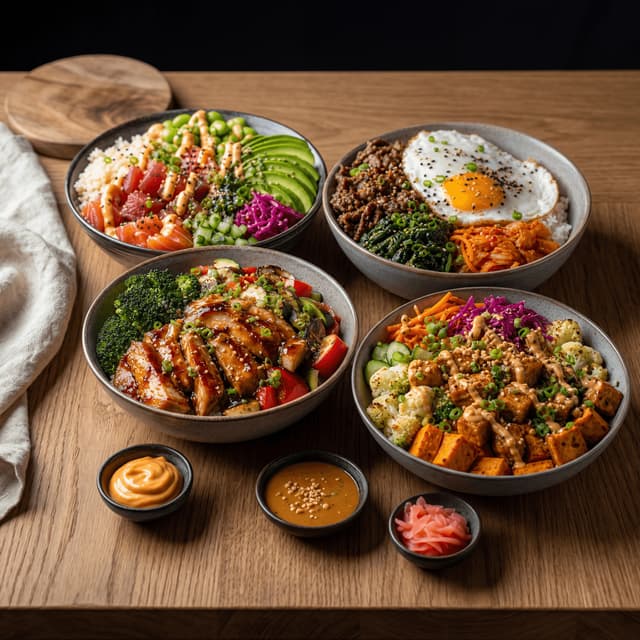 Asian fusion bowls poke rice protein toppings build your own cozy warm wood — fusion bowl card photography