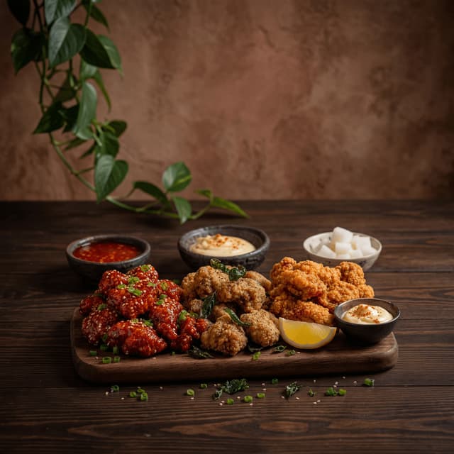 Modern asian fried chicken korean taiwanese karaage glaze dark rustic — fried chicken card photography