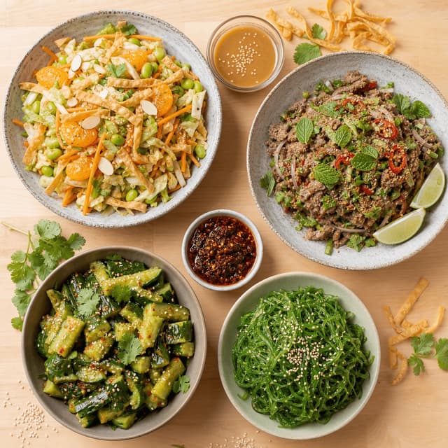 Asian salad cold plates fusion sesame ginger dressing crispy wonton overhead light wood — salad card photography