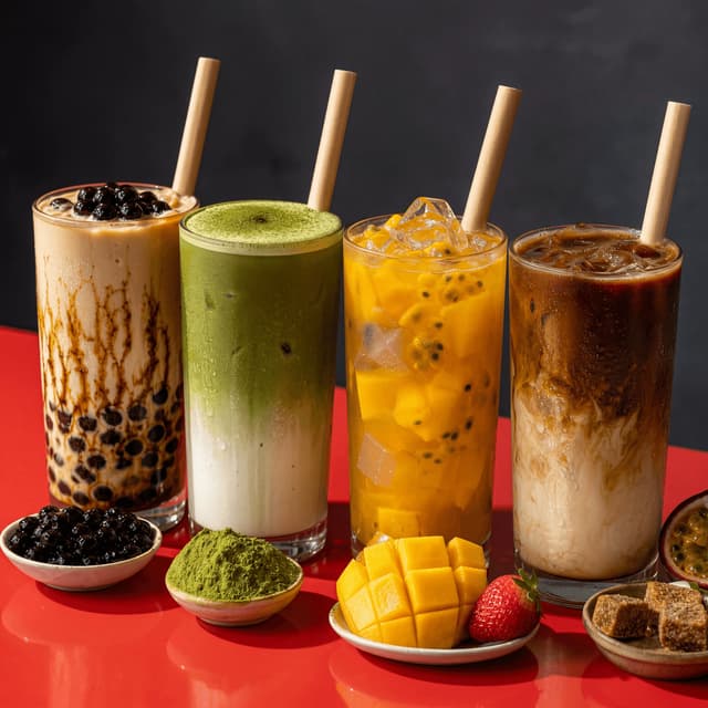 Bubble tea asian drinks boba matcha brown sugar fruit tea red cafe brunch — drinks card photography