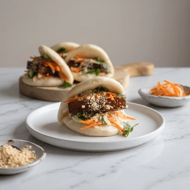 Gua bao taiwanese pork belly steamed folded bun pickled mustard cilantro peanut plate — gua bao hero photography