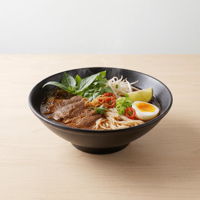 Pan-asian fusion noodle bowl broth chili oil herbs lime soft egg bowl — fusion noodle hero photography